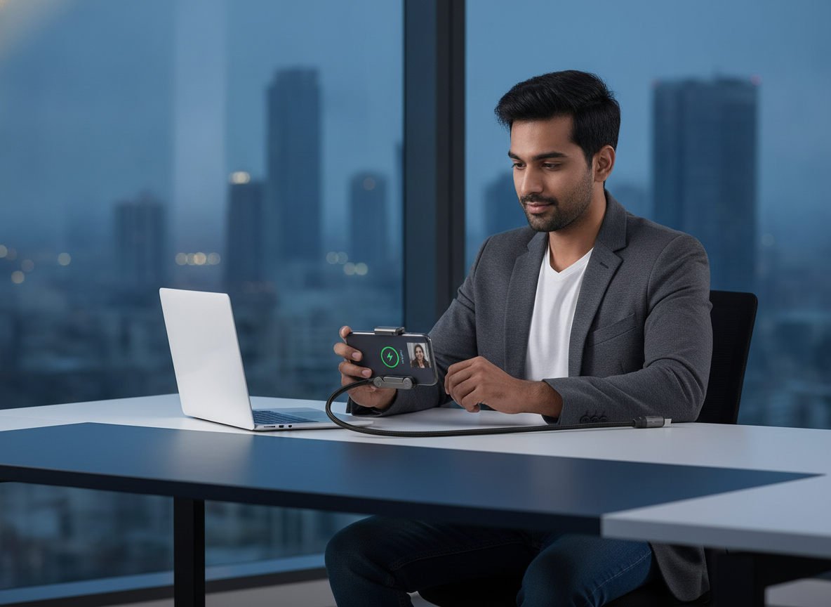 South Asian man on a video call in a modern office, using the FlexStand 240W Fast Charging Cable as a phone stand while his d