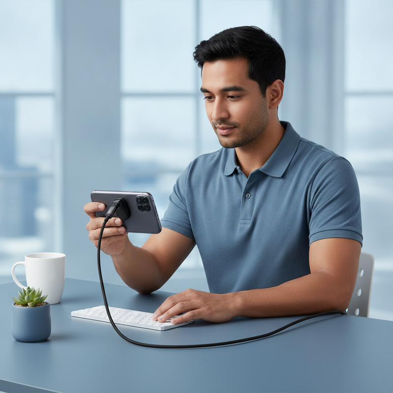 South Asian man on a video call, smartphone propped by the FlexStand 240W Fast Charging Cable in a modern home office.